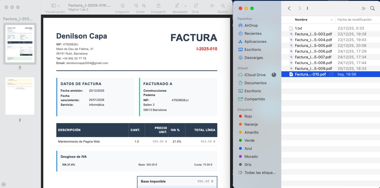 Cálculo fiscal automático de IVA e IRPF en sistema de facturación